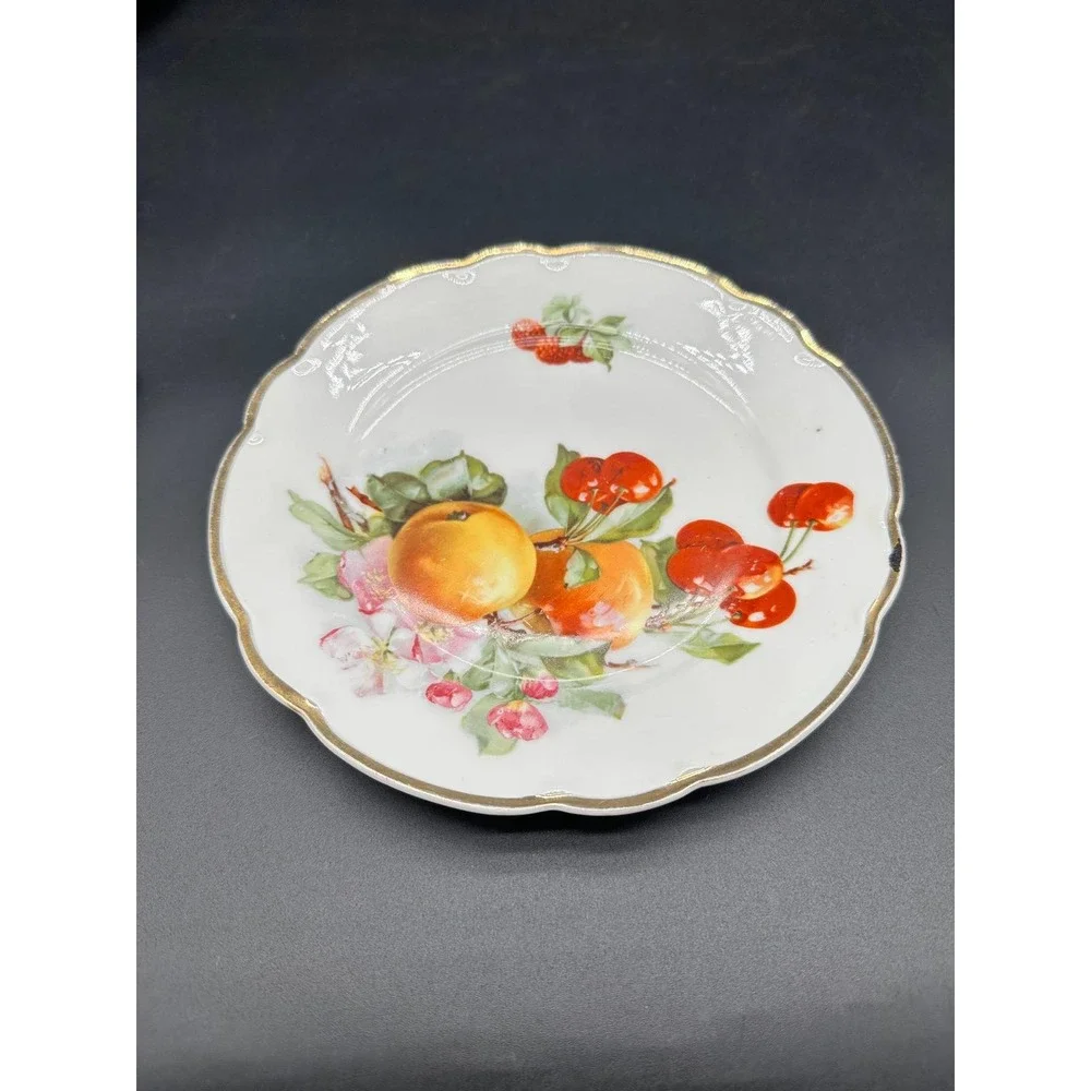Antique German Porcelain Fruit Plate Hand Painted Gilded Edge Floral‎ Cherry